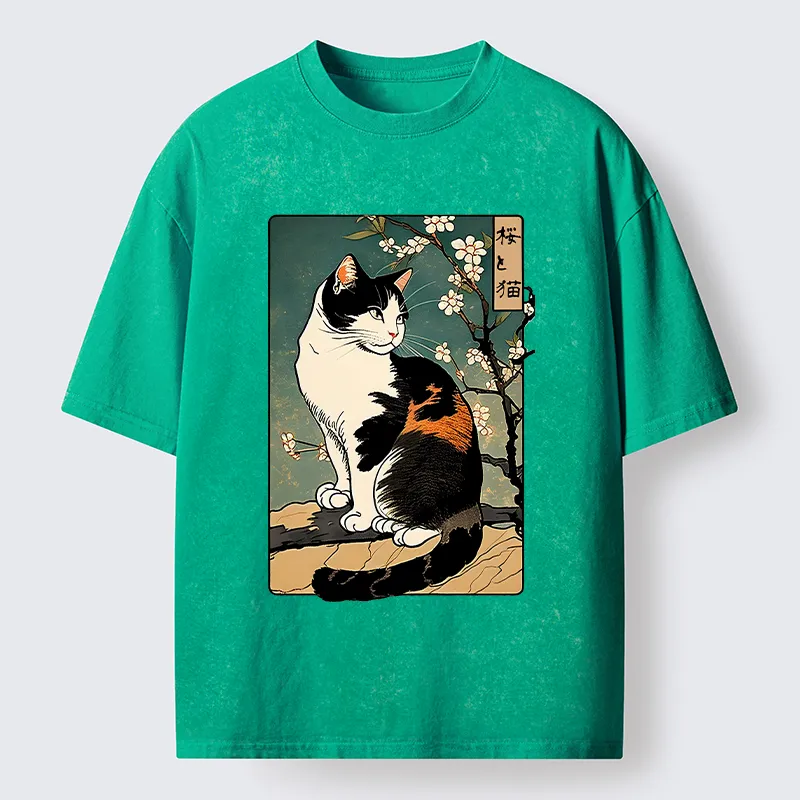 Tokyo-Tiger The Cat Under the Sakura Washed T-Shirt