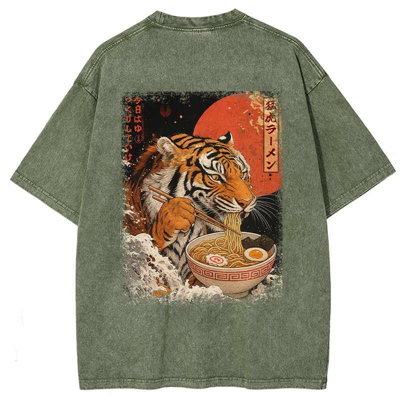 Tokyo-Tiger Ukiyoe Japan Tiger Eating Ramen Back Washed T-Shirt