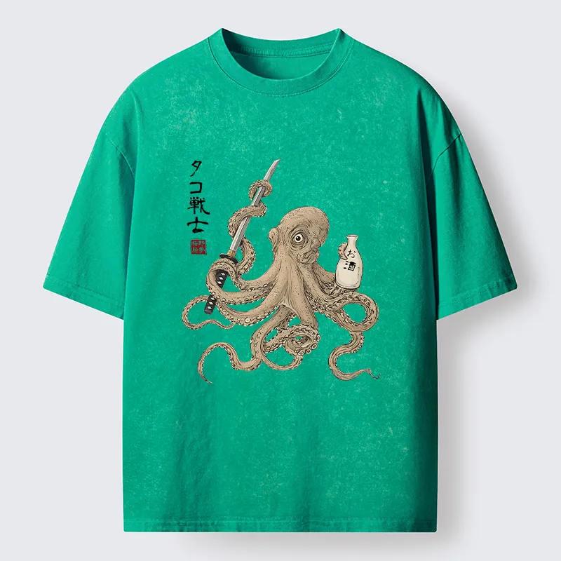 Tokyo-Tiger Octopus Samurai And Sake Washed T-Shirt