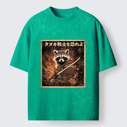 Tokyo-Tiger Japanese Raccoon Samurai Washed T-Shirt
