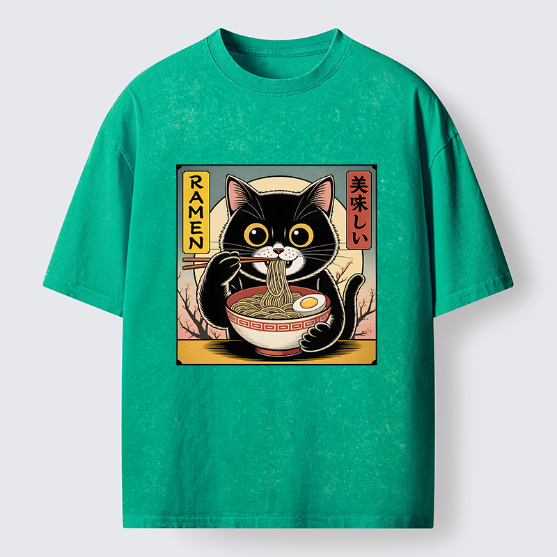 Tokyo-Tiger Black Cat Eats A Big Bowl Of Ramen Funny Washed T-Shirt