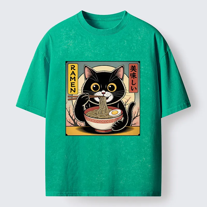 Tokyo-Tiger Black Cat Eats A Big Bowl Of Ramen Funny Washed T-Shirt