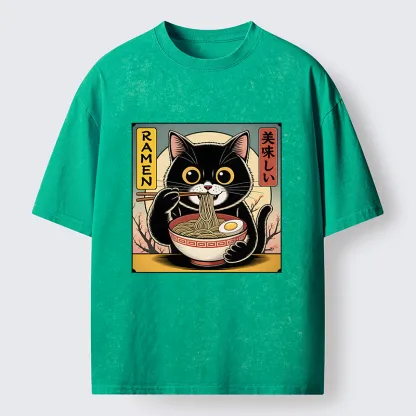 Tokyo-Tiger Black Cat Eats A Big Bowl Of Ramen Funny Washed T-Shirt