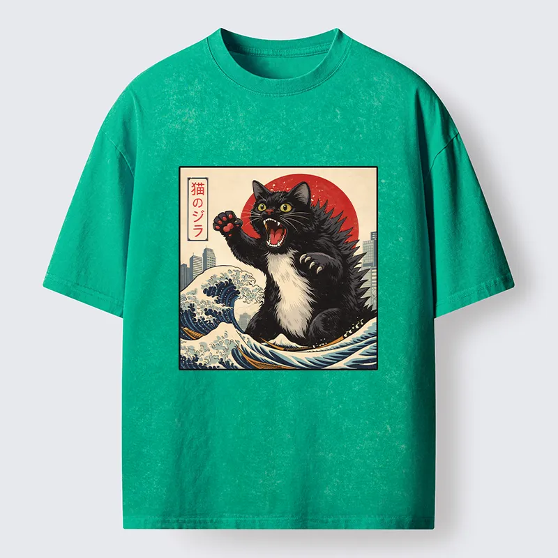 Tokyo-Tiger Black Cat Eats A Big Bowl Of Ramen Funny Washed T-Shirt