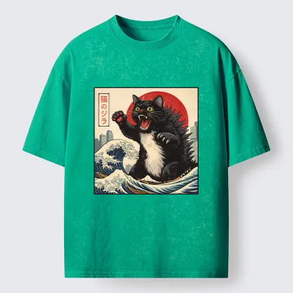 Tokyo-Tiger Black Cat Eats A Big Bowl Of Ramen Funny Washed T-Shirt