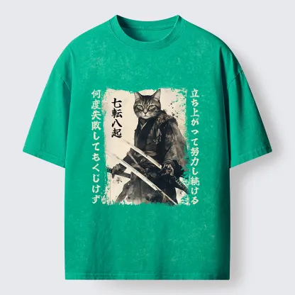Tokyo-Tiger Samurai Japanese Cat Washed T-Shirt