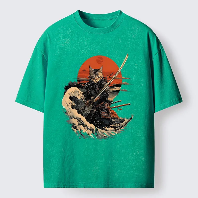 Tokyo-Tiger Handsome Cat Samurai Japanese Washed T-Shirt
