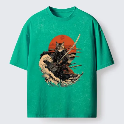 Tokyo-Tiger Handsome Cat Samurai Japanese Washed T-Shirt