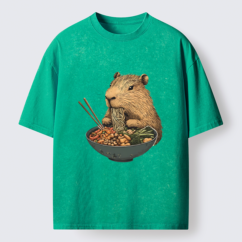 Tokyo-Tiger Capybara Eating Ramen Funny Washed T-Shirt