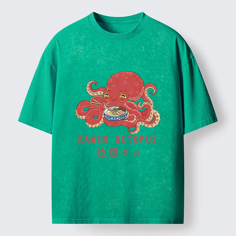 Tokyo-Tiger Cute Octopus Eating Ramen Washed T-Shirt