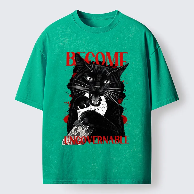 Tokyo-Tiger Biting Black Cat Washed T-Shirt