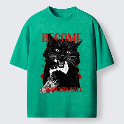 Tokyo-Tiger Biting Black Cat Washed T-Shirt