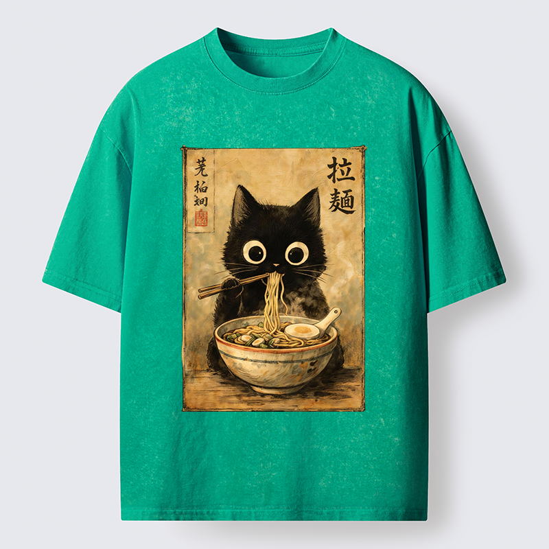 Tokyo-Tiger Cute Black Cat Eating Japanese Ramen Washed T-Shirt