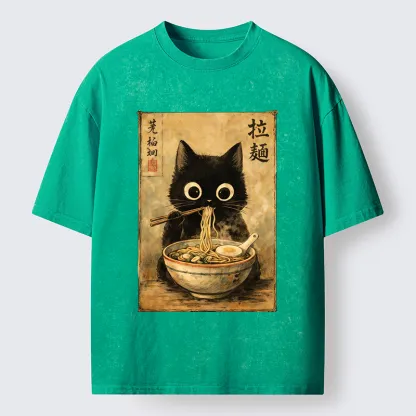 Tokyo-Tiger Cute Black Cat Eating Japanese Ramen Washed T-Shirt