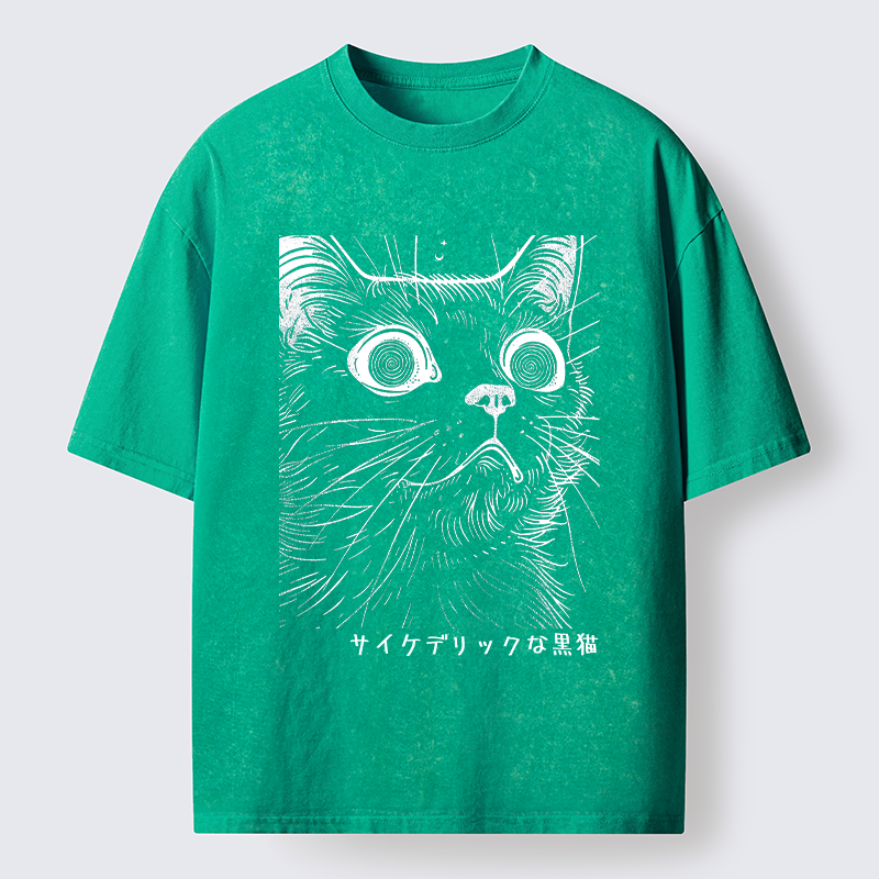 Tokyo-Tiger Trippy Black Cat Washed T-Shirt