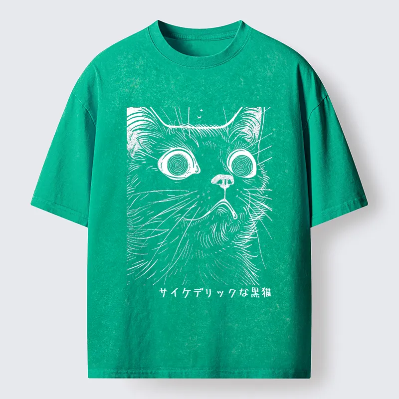 Tokyo-Tiger Trippy Black Cat Washed T-Shirt