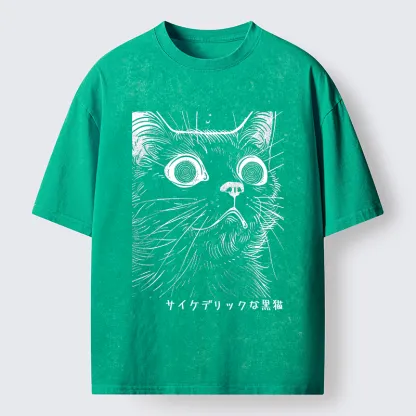 Tokyo-Tiger Trippy Black Cat Washed T-Shirt