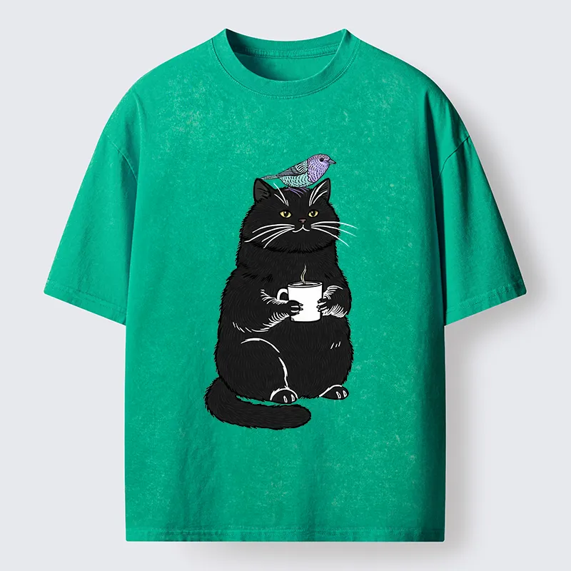 Tokyo-Tiger Black Cat And Bird Washed T-Shirt