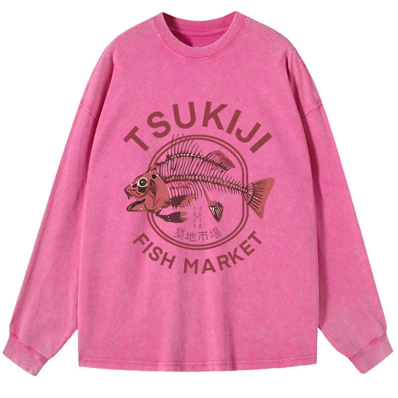 Tokyo-Tiger Tokyo Tsukiji Fish Market Vintage Japan Washed Long Sleeve T-Shirt