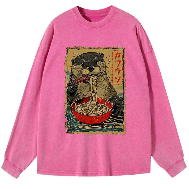 Tokyo-Tiger Otter Eating Ramen Japan Washed Long Sleeve T-Shirt
