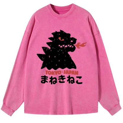 Tokyo-Tiger Japanese Fortune Cat Washed Long Sleeve T-Shirt