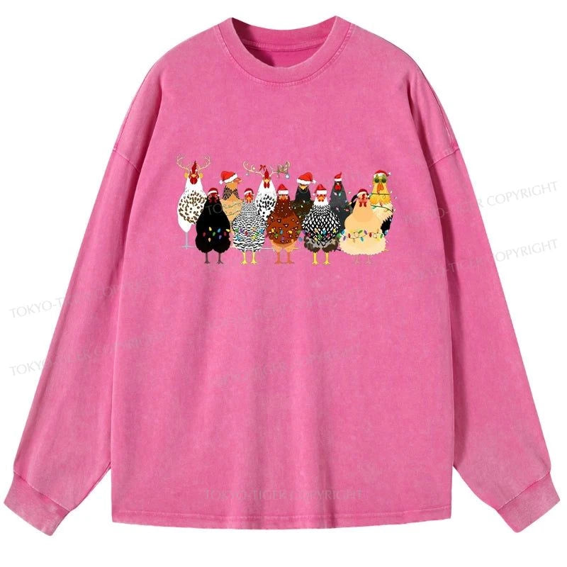 Tokyo-Tiger A Flock Of Christmas Chickens Washed Long Sleeve T-Shirt
