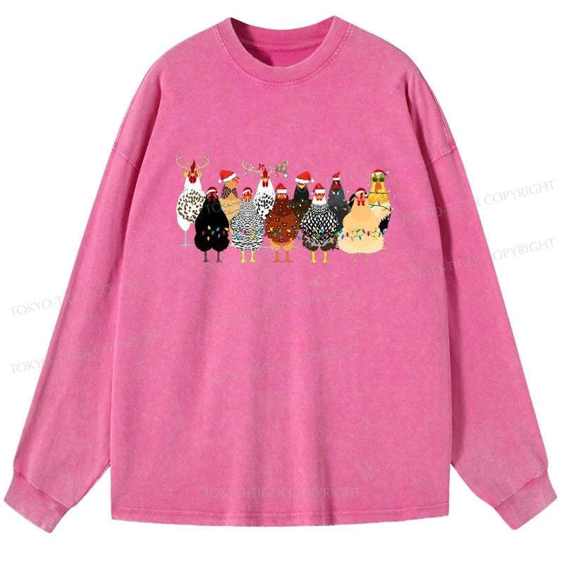Tokyo-Tiger A Flock Of Christmas Chickens Washed Long Sleeve T-Shirt-tokyo-tiger