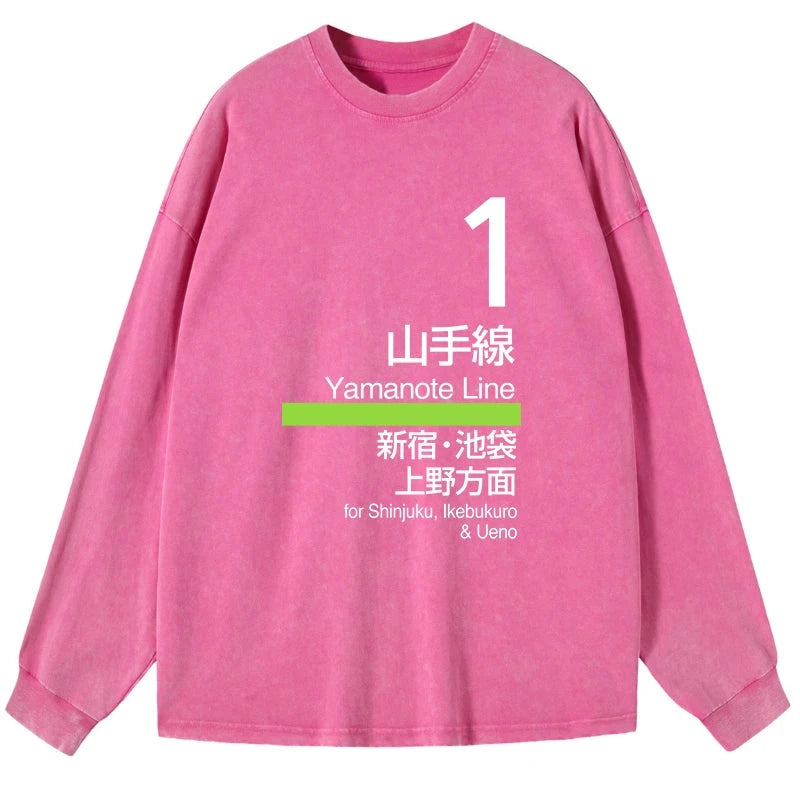 Tokyo-Tiger Tokyo Yamanote Line Platform Sign Washed Long Sleeve T-Shirt
