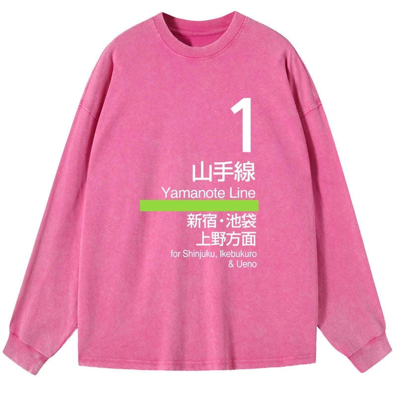 Tokyo-Tiger Tokyo Yamanote Line Platform Sign Washed Long Sleeve T-Shirt Sale