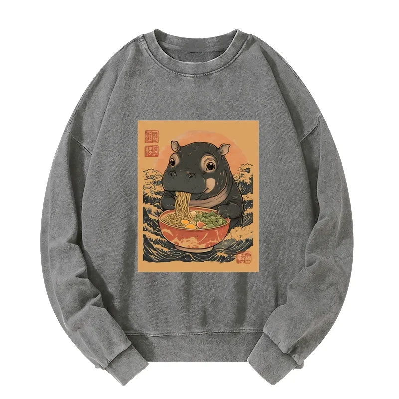 Tokyo-Tiger Moo Deng Eat Ramen Washed Sweatshirt