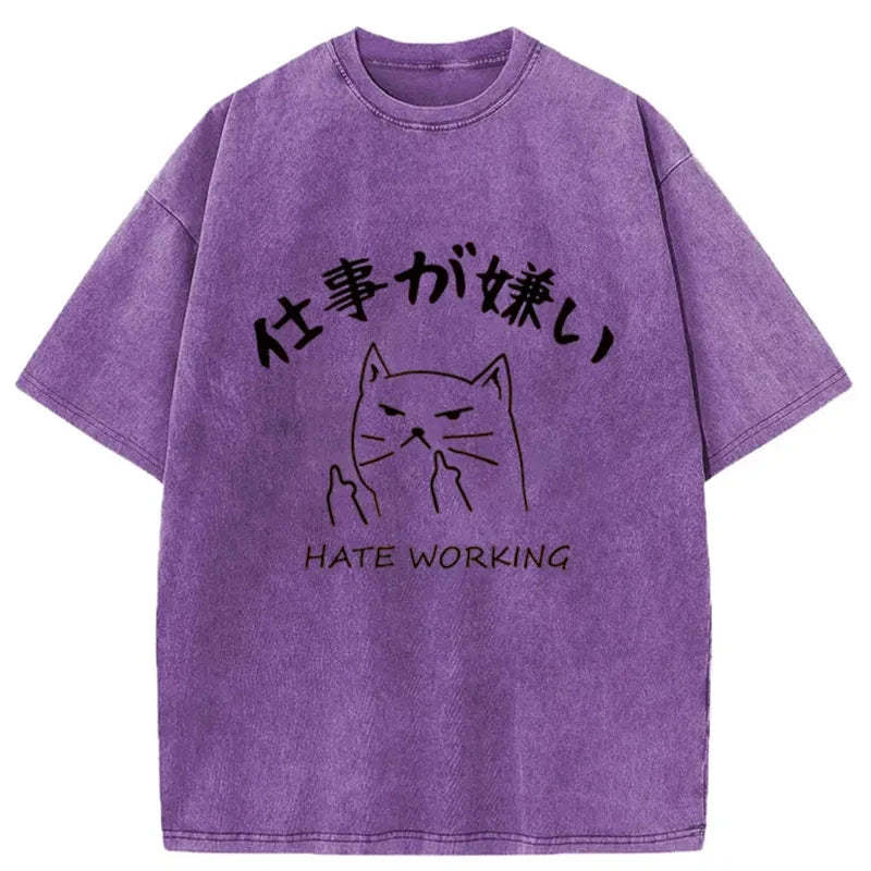 Tokyo-Tiger A Cat That Hates Work Washed T-Shirt-tokyo-tiger