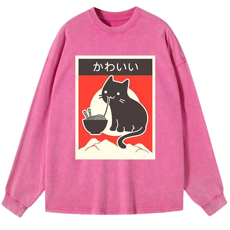 Tokyo-Tiger "Kawaii" Vintage Style Japenese Ramen Cat Washed Long Sleeve T-Shirt-tokyo-tiger