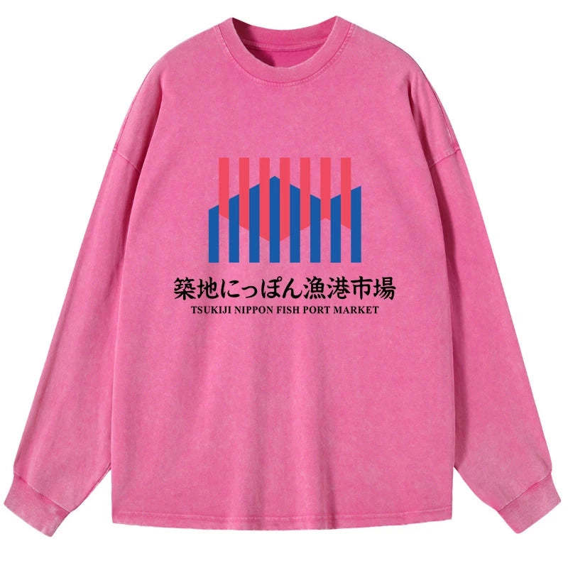 Tokyo-Tiger Tsukiji Nippon Fish Port Market Washed Long Sleeve T-Shirt