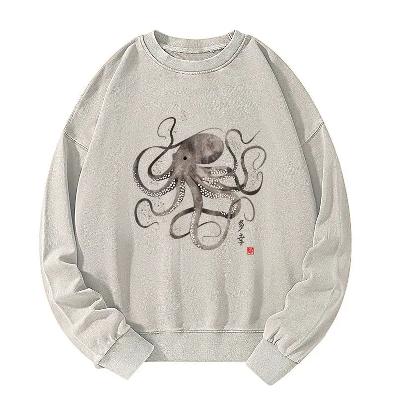 Tokyo-Tiger Octopus Japanese Calligraphy Washed Sweatshirt