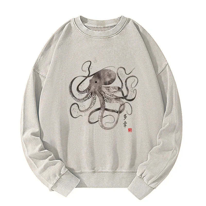 Tokyo-Tiger Octopus Japanese Calligraphy Washed Sweatshirt