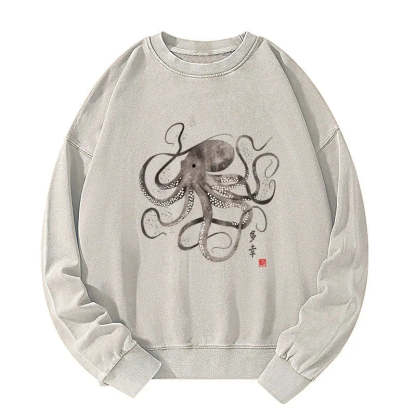 Tokyo-Tiger Octopus Japanese Calligraphy Washed Sweatshirt