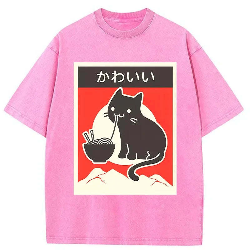 Tokyo-Tiger Kawaii Vintage Ramen Cat Washed T-Shirt