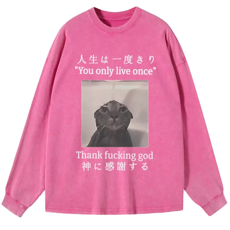 Tokyo-Tiger Funny Melancholy Cat Washed Long Sleeve T-Shirt