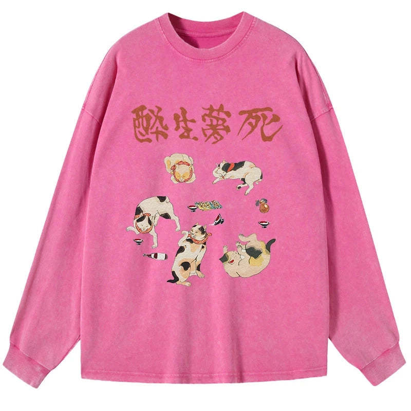 Tokyo-Tiger Drunken Cats Washed Long Sleeve T-Shirt Sale