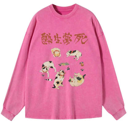 Tokyo-Tiger Drunken Cats Washed Long Sleeve T-Shirt