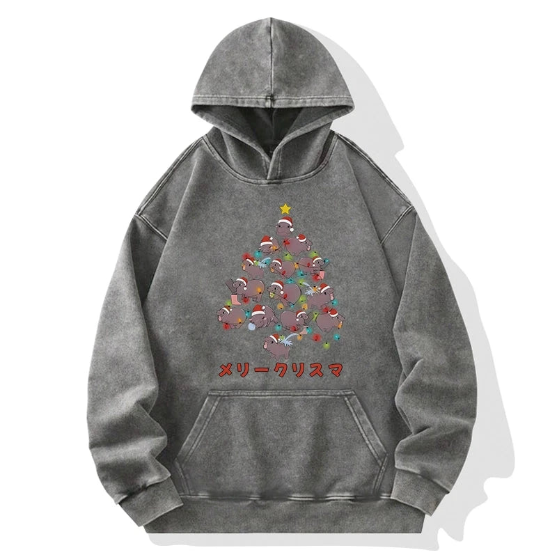 Tokyo-Tiger Moo Deng Christmas Tree Japanese Washed Hoodie
