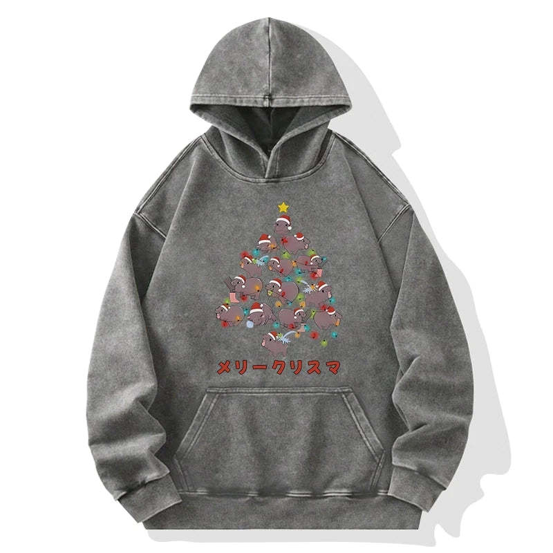Tokyo-Tiger Moo Deng Christmas Tree Japanese Washed Hoodie