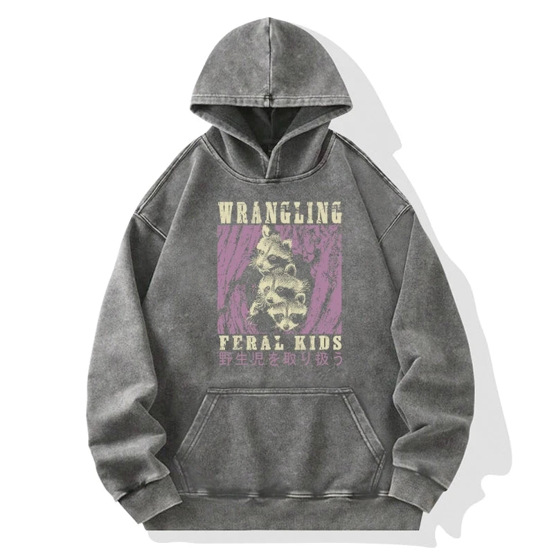 Tokyo-Tiger Wrangling Feral Raccoon Kids Washed Hoodie