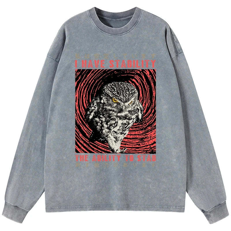 Tokyo-Tiger I Have Stability Owl Washed Long Sleeve T-Shirt Sale