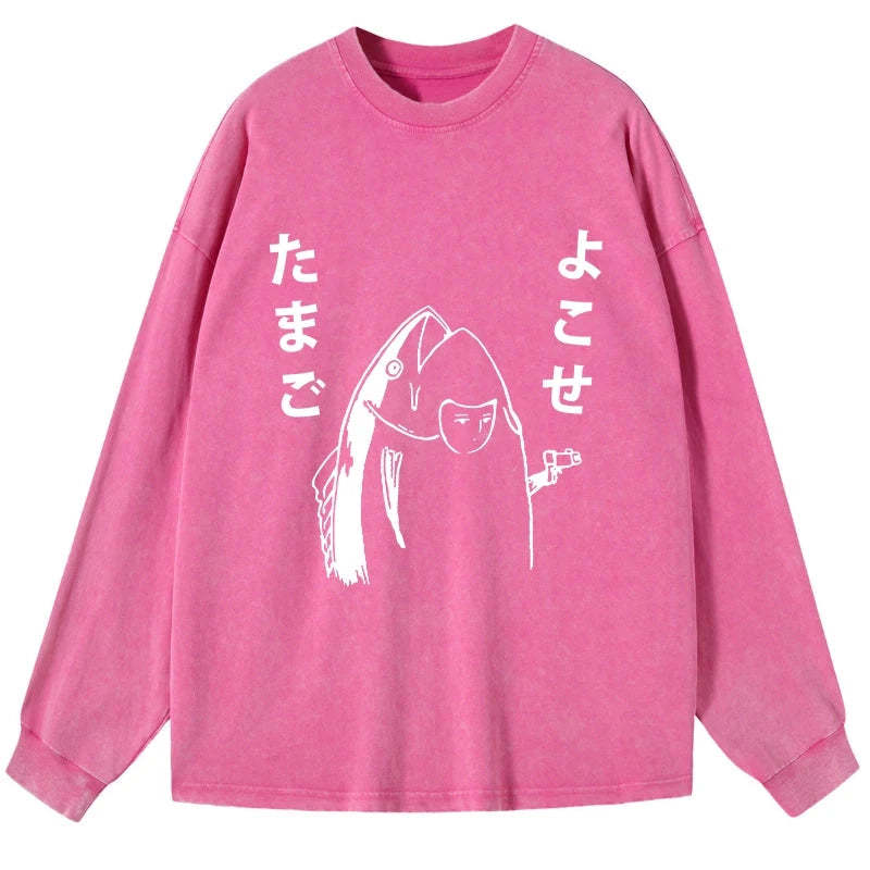 Tokyo-Tiger Give Me Egg Japanese Fish Washed Long Sleeve T-Shirt