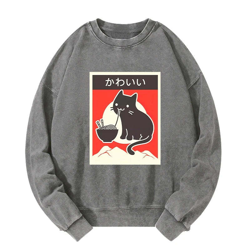 Tokyo-Tiger "Kawaii" Vintage Style Japenese Ramen Cat Washed Sweatshirt-tokyo-tiger