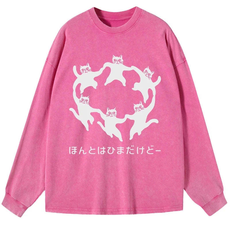 Tokyo-Tiger Leisure Cats Japanese Washed Long Sleeve T-Shirt