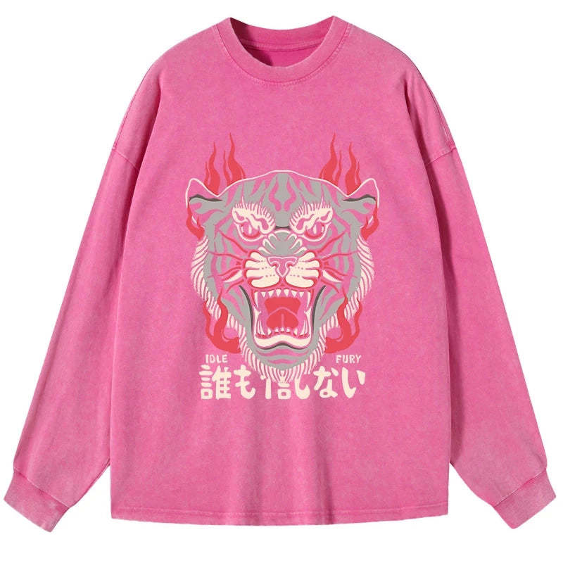 Tokyo-Tiger Retro Tiger Japanese Washed Long Sleeve T-Shirt