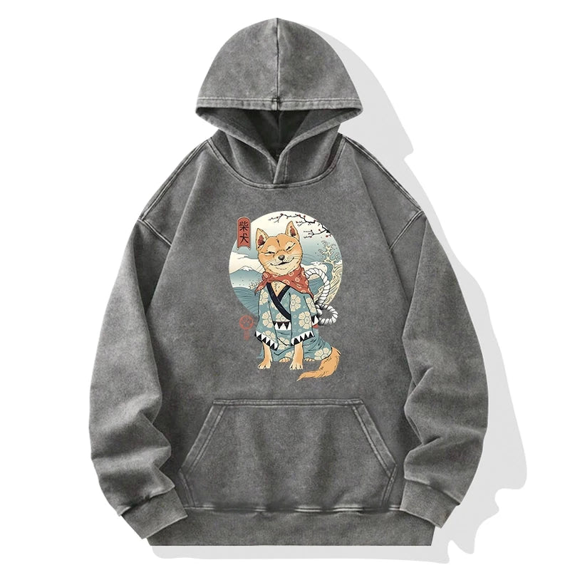 Tokyo-Tiger Samurai Shiba Dog Japanese Washed Hoodie