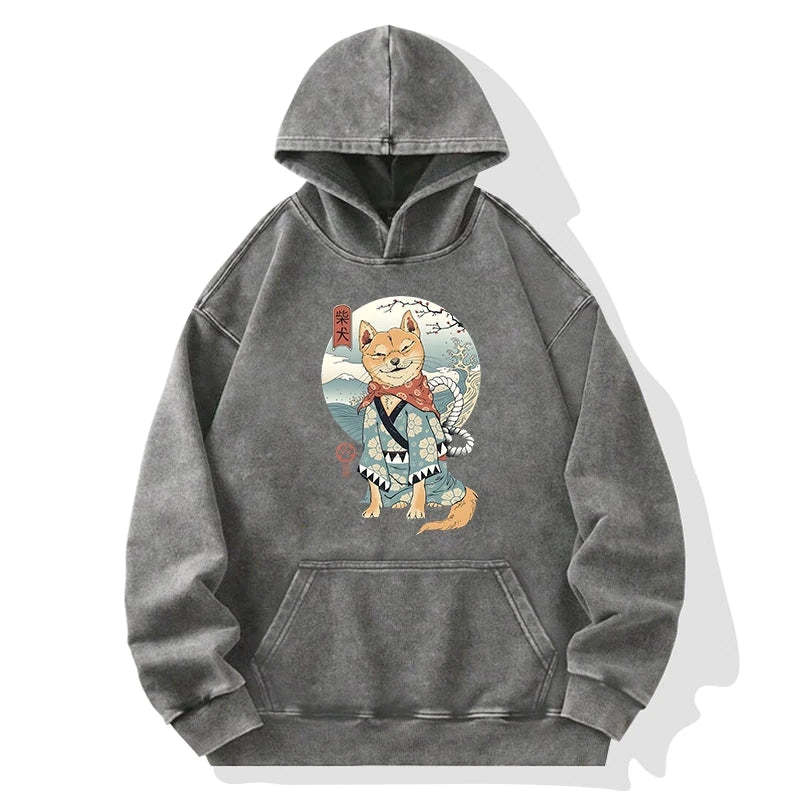 Tokyo-Tiger Samurai Shiba Dog Japanese Washed Hoodie